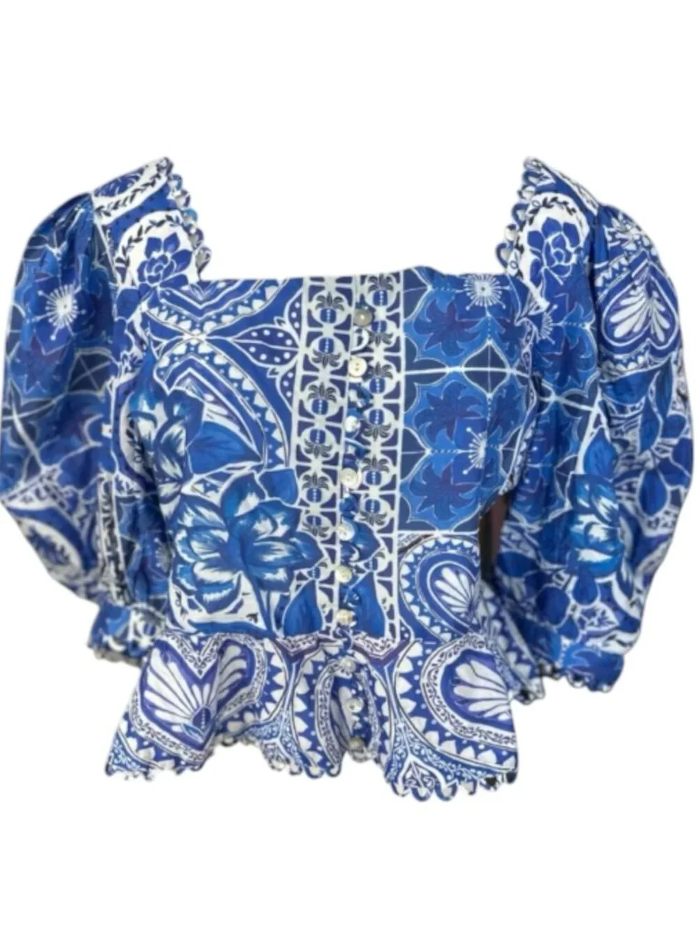 Farm Rio Women's Tile Dream Short Sleeve Blouse Puff Sleeve Blue White Size XS